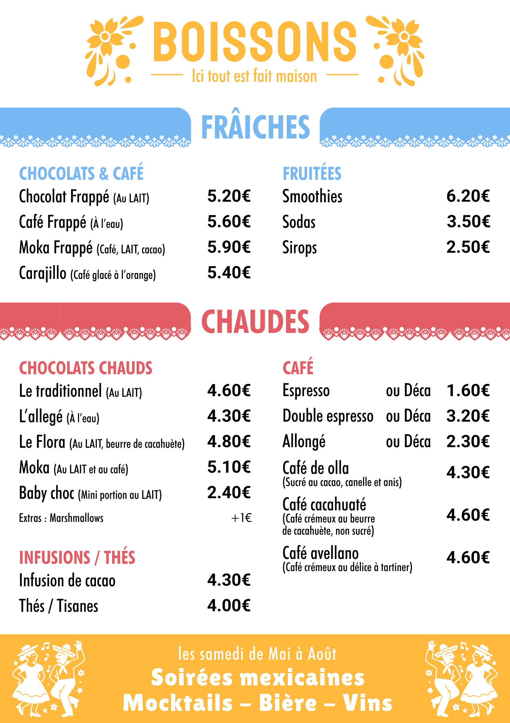 Menu boissons choco café